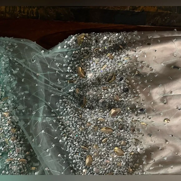 Terani Couture Strapless Beaded Dress in Cream and Green - Picture 5 of 9